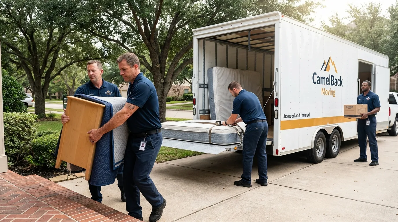 Crew loading residential truck for cross-state move from Bonham, TX