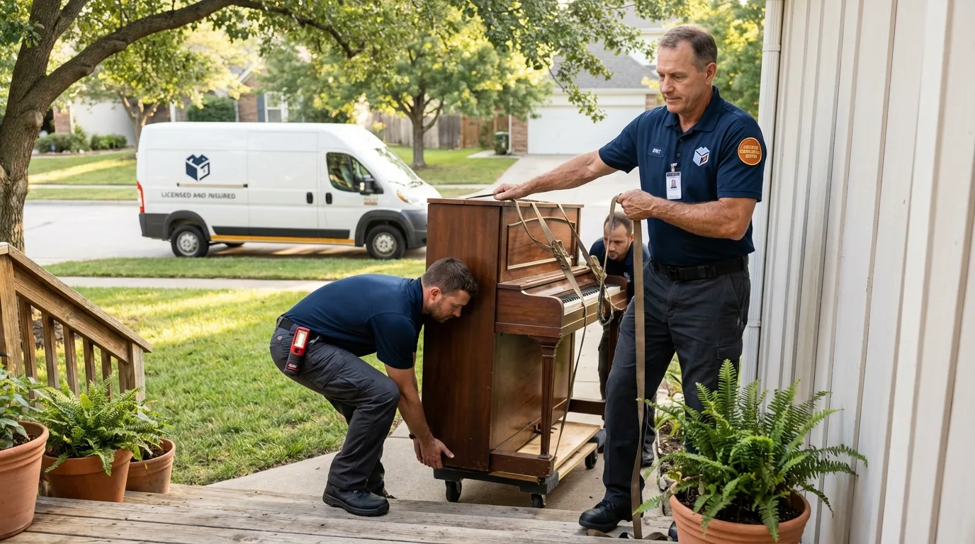 Licensed piano movers securing grand piano in Bonham, TX