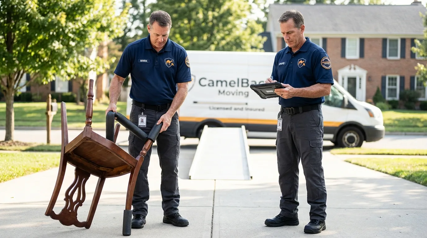 Movers inspecting furniture for damage prevention before loading in Bonham, TX