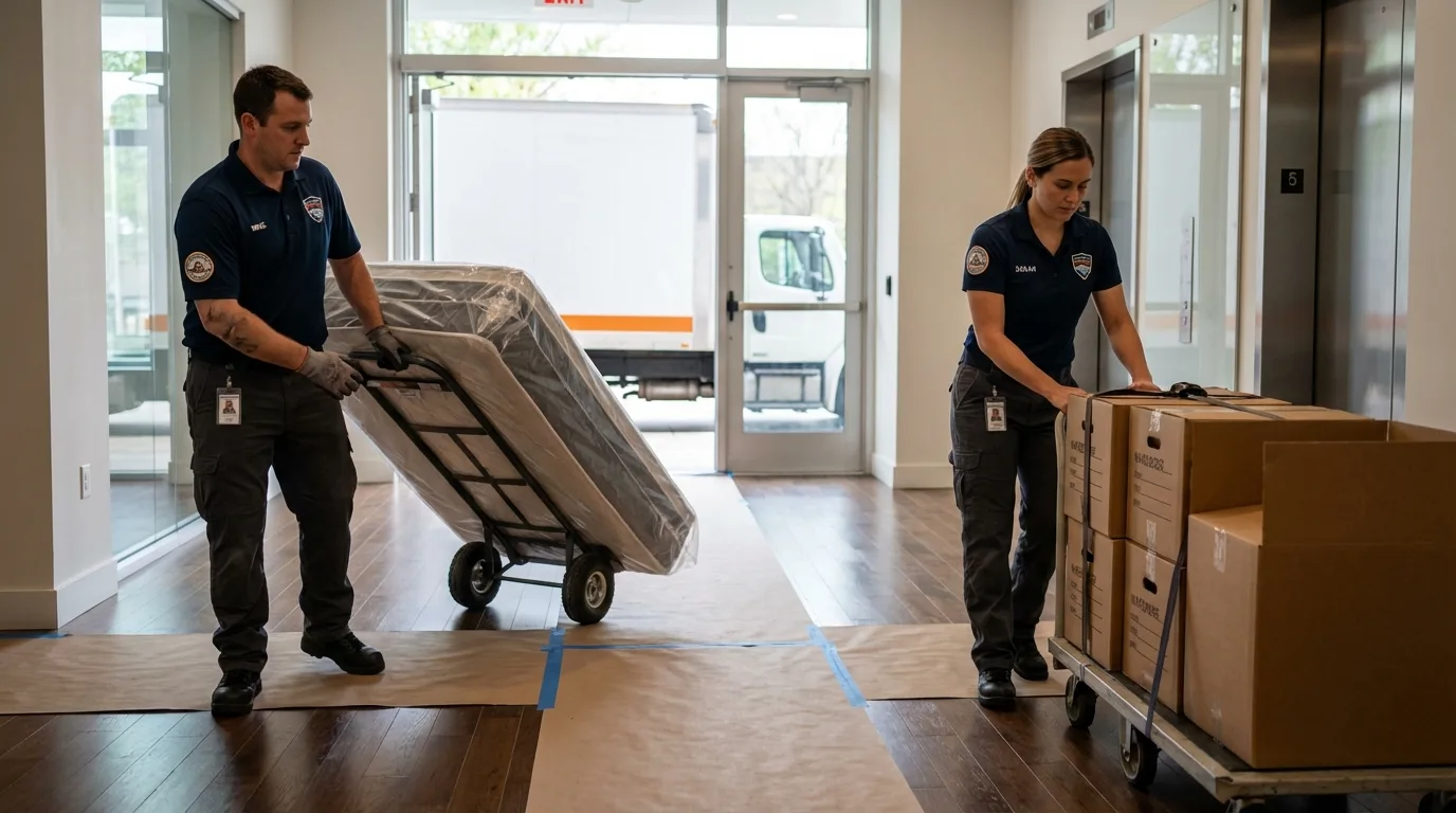 Professional apartment movers loading elevator in Bonham, TX