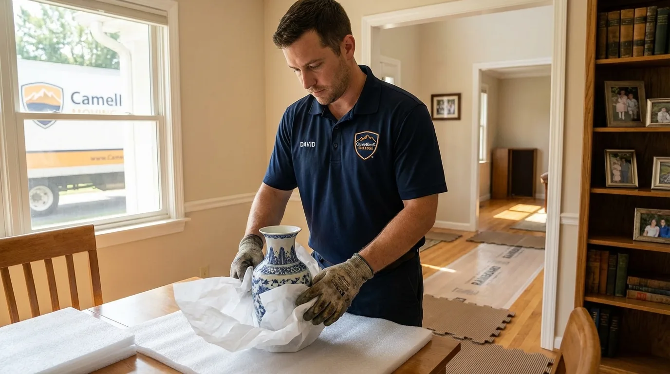 Professional crew carefully wrapping antique vase for senior downsizing move in Bonham, TX